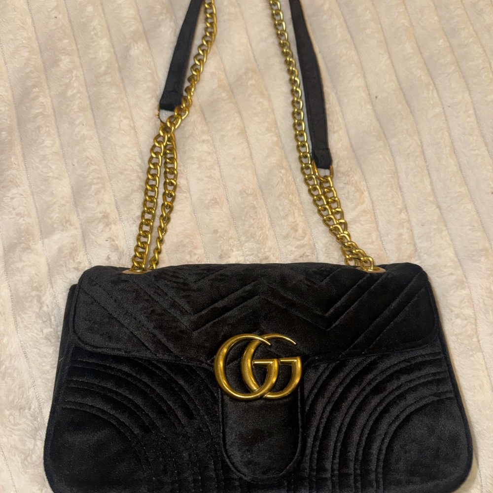 Gucci Black Velvet Shoulder Bag with Gold Chain